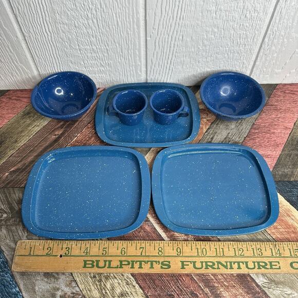 Set of 7 Vintage Blue Speckled Enamelware Graniteware Camp Cup Bowls & Trays - Picture 2 of 13